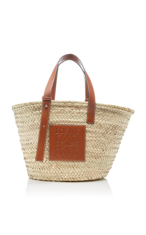 Leather-Trimmed Woven Raffia Medium Basket Bag