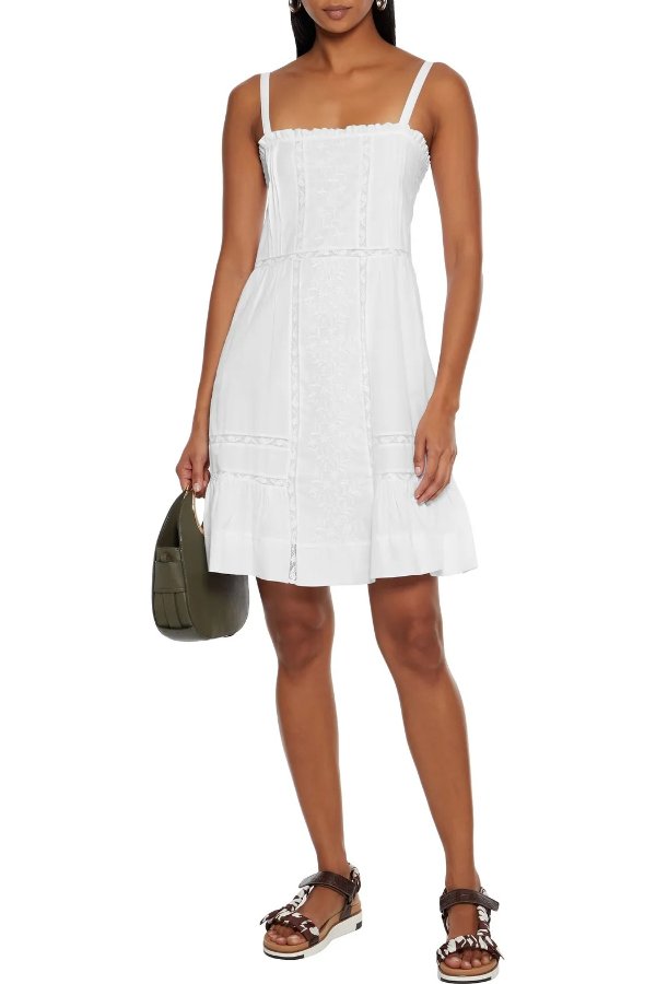 Lace-trimmed embroidered cotton-voile mini dress