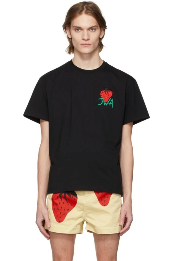 Black Embroidered 'JWA' Strawberry T-Shirt