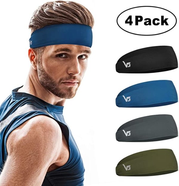 Sports Headbands for Men and Women (4 Pack) - Non Slip Lightweight Sweat Band Moisture Wicking Workout Sweatbands for Running, Cross Training, Yoga and Bike - Unisex Hairband
