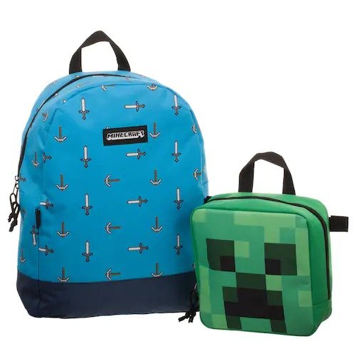 Minecraft Pickax & Sword Backpack & Creeper Head Lunch Box Set