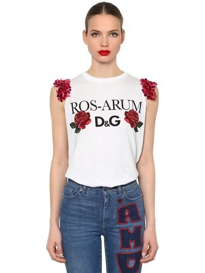 SEQUINED ROS-ARUM PRINTED JERSEY TOP