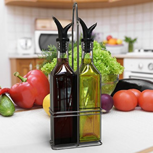 Royal Oil and Vinegar Bottle Set with Stainless Steel Rack and Removable Cork
