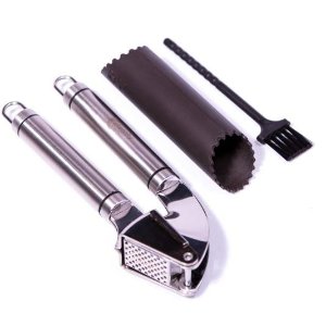 Integrity Collection Stainless Steel Garlic Press 3 in 1 Set with Silicon Peeler & Cleaning Brush