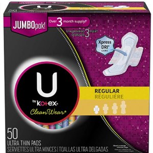 U by Kotex CleanWear Ultra Thin Pads with Wings, Regular, Fragrance-Free, 50 Count