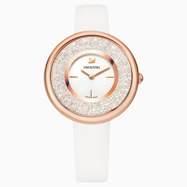 Crystalline Pure Watch, Leather strap, White, Rose-gold tone PVD by SWAROVSKI