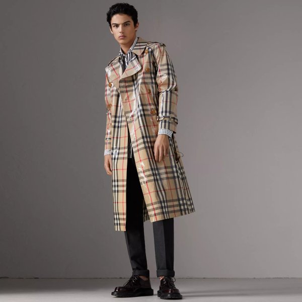 Laminated Check Cotton Trench Coat