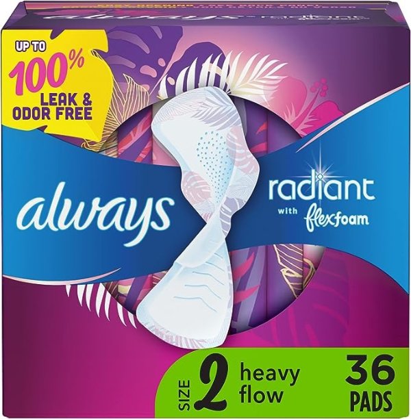 Radiant Feminine Pads for Women, Size 2 Heavy, with wings, scented, 36 count