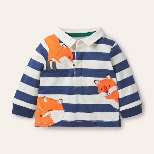 Peeking-in Fox Rugby T-Shirt - Ivory/Starboard Blue Foxes | Boden US