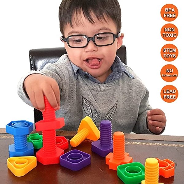 Nuts and Bolts Fine Motor Skills - Occupational Therapy Toddler Toys - Montessori Building Construction Kids Matching Game for Preschoolers - Jumbo 24 pc Set with Backpack & Activity Download
