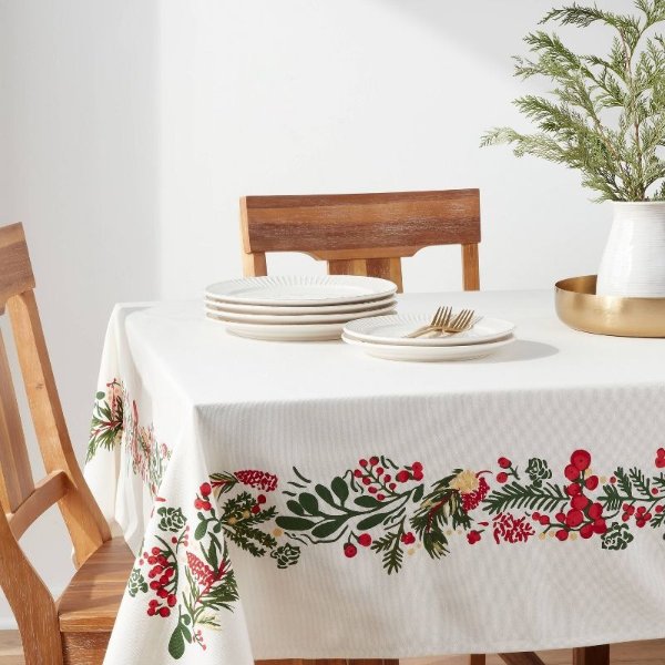 Cotton Holly Berry Tablecloth   104"x60"