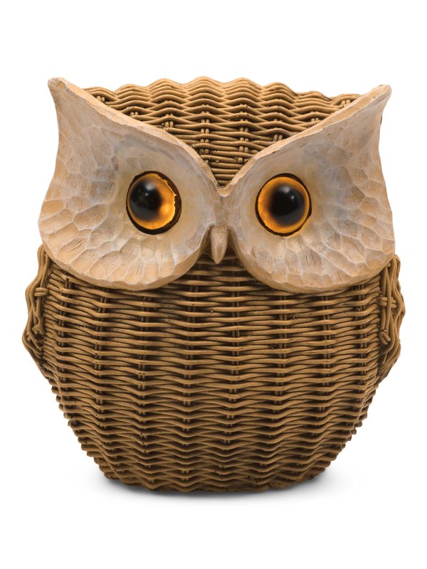 8.25in Led Resin Owl With Rattan Look
