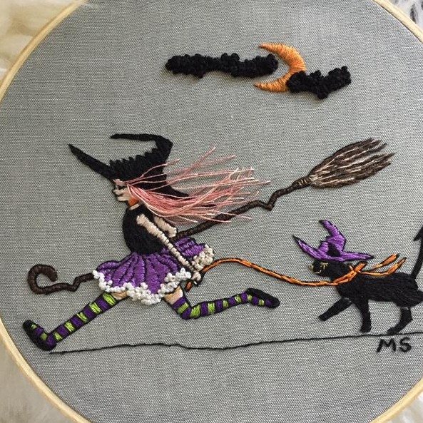 Halloween full embroidery KIT Witch girl and kitty modern | Etsy