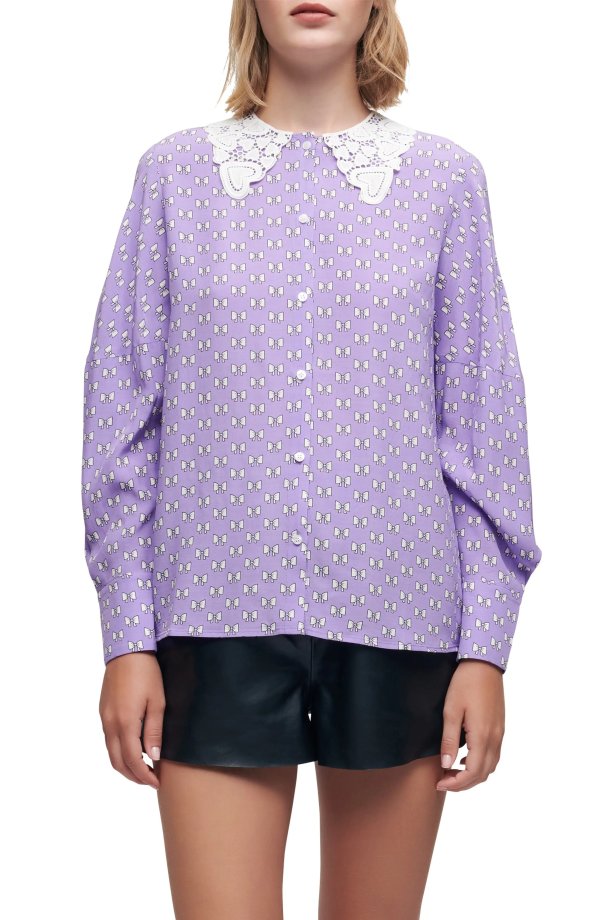 Cobby Bow Print Removable Lace Collar Blouse