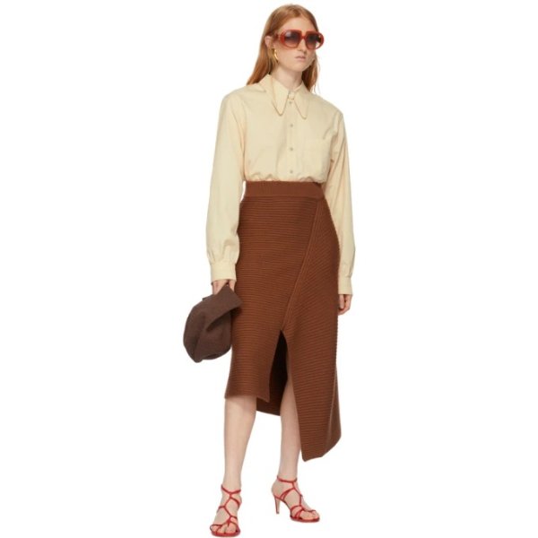 Brown Merino Rib Origami Slit Skirt