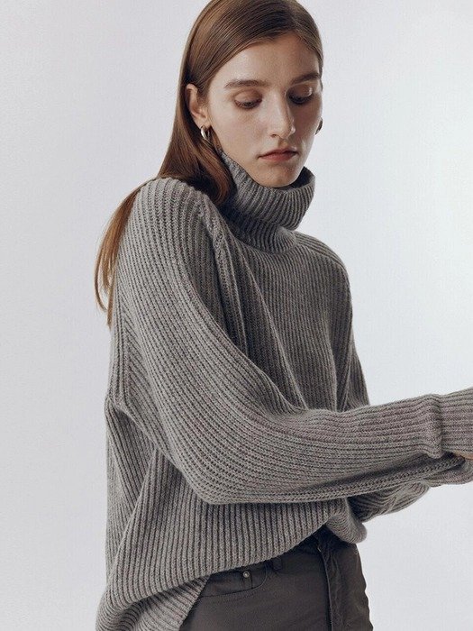 Ribbed Funnel Neck Wool Blend Sweater_Melange Grey