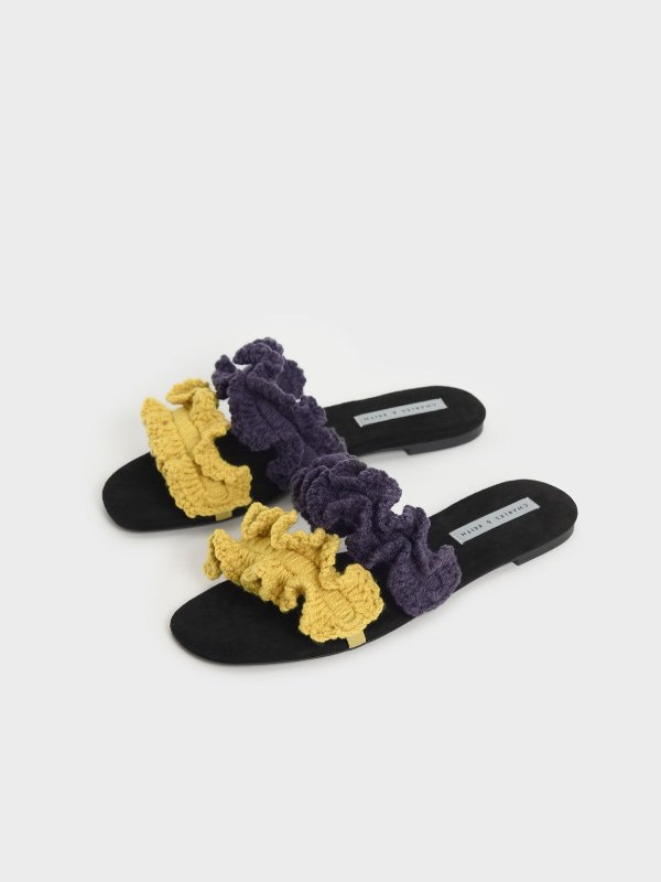 Multicoloured Ruffle Knit Slide Sandals | CHARLES &amp; KEITH