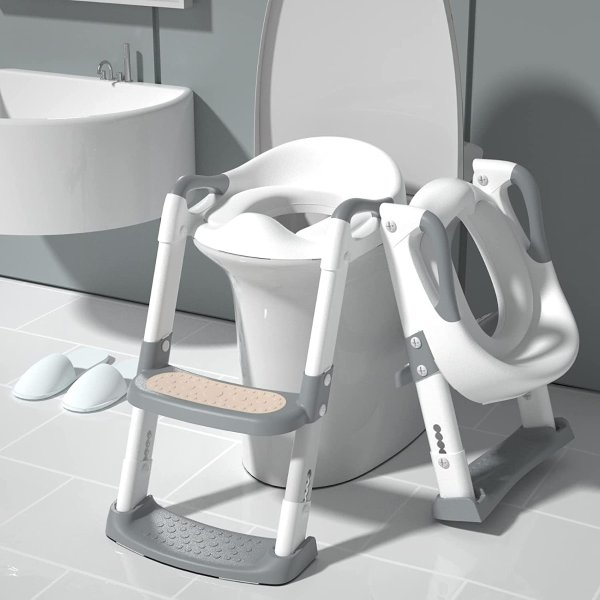 GLAF Potty Training Seat for Toddler Toilet with Step Stool Ladder Kids Potty Seat for Boys Girls 2 in 1 Adjustable Toddlers Toilet Seat with Anti-Slip Pads Comfortable Cushion (Grey)