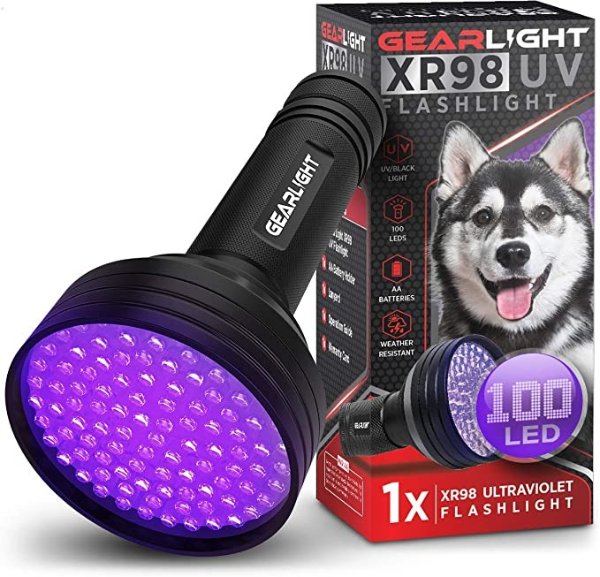 GearLight UV Black Light Flashlight XR98 - Powerful Patented 100 LED Blacklight Flashlights, Pet Stain Detector for Dog Urine, Scorpions, and Bed Bugs - Works with Carpet Odor Eliminator and Remover