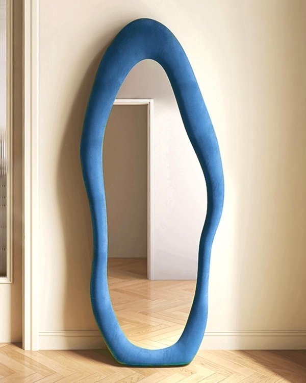 Full Length Mirror, Floor Mirror with Stand, Wall Mounted Mirror, Full Length Floor Mirror, Standing Mirror Full Length, Irregular Mirror, Flannel Frame (Blue)