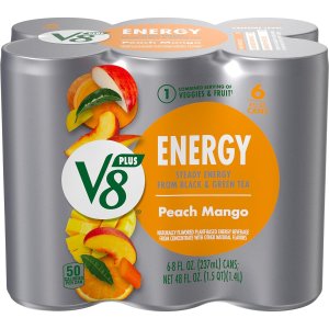 V8 +Energy Peach Mango Energy Drink, 8 fl oz Can (Pack of 6)