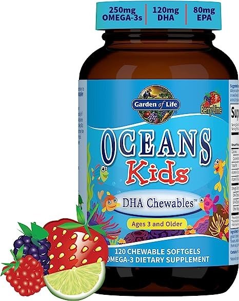 Oceans儿童DHA鱼肝油咀嚼软凝胶 浆果酸橙 Omega-3 DHA EPA 维生素A D3无糖鱼油补充剂 120粒