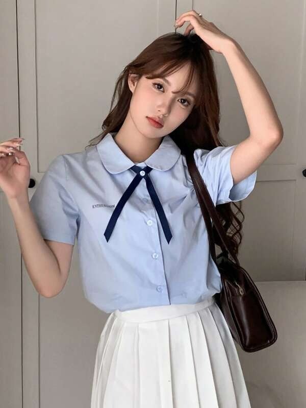 DAZY Letter Embroidery Button Front Shirt With Necktie