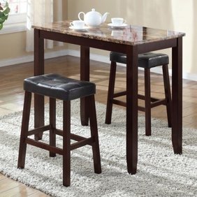 Kitchen Marble Table Dining Set w/ 2 Counter Height Stools (Brown)