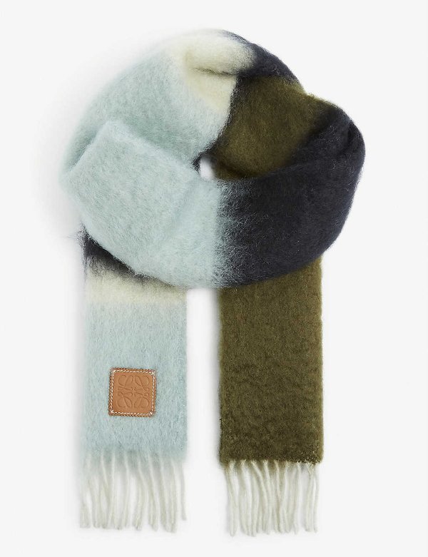 Striped branded mohair and wool blend scarf