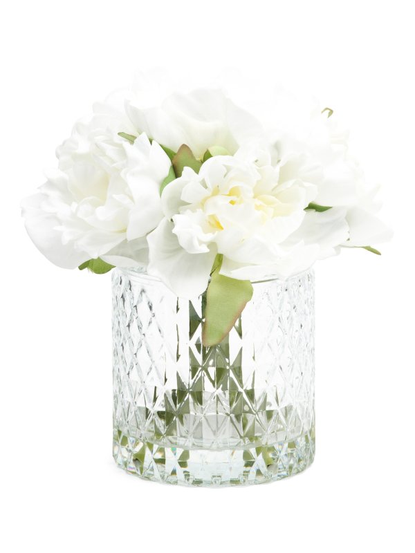 9in Peonies In Glass Vase