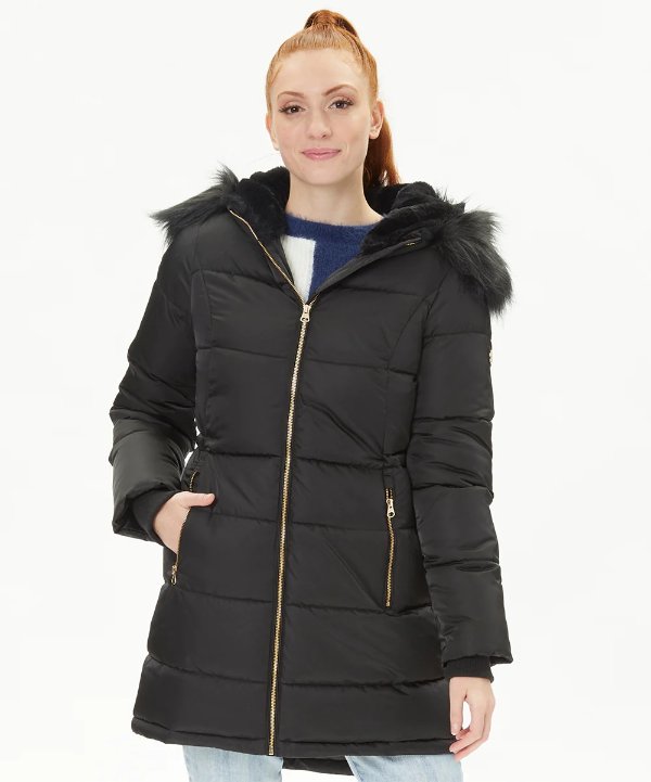 Black Satin Puffer Jacket with Faux Fur-Lined Hood - Women & Plus
