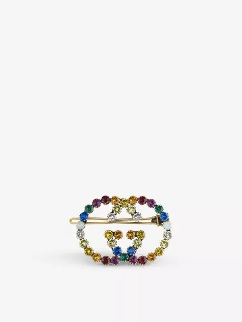 GUCCIDouble G gold-toned brass and gemstones brooch