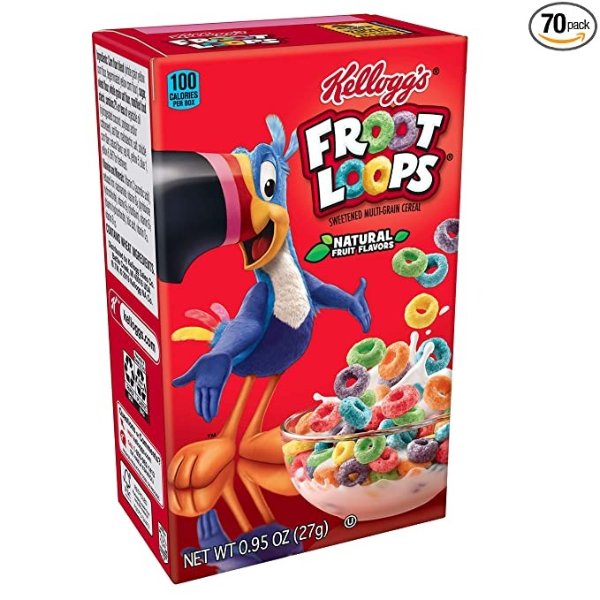 Kellogg’s Froot Loops, Breakfast Cereal, Original, Good Source of Fiber, Single Serve, 0.95 oz Box(Pack of 70)