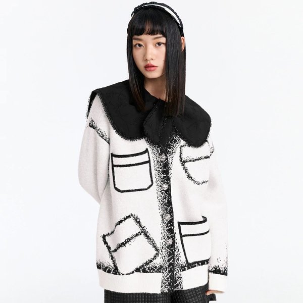 White Asymmetric Pocket Inkjet Knit Cardigan | Peacebird Women Fashion
