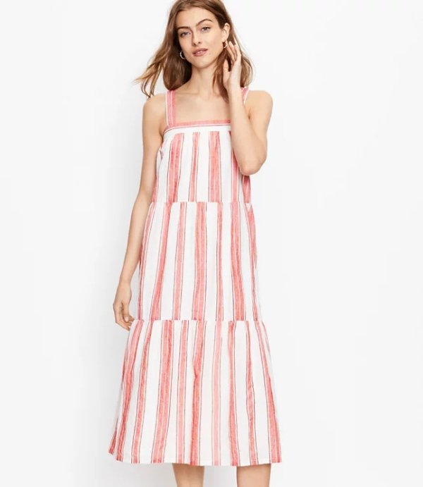 Stripe Tiered Square Neck Midi Dress | LOFT