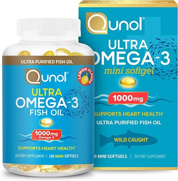 Omega 3 Fish Oil Mini Softgels, Qunol 1000mg Omega 3 EPA + DHA, Ultra Pure Fish Oil Supplements, Heart Health Support, Lemon Flavor, Easy to Swallow Minis, 3 Month Supply, 180 Count