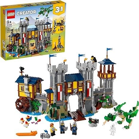 Creator 3in1 Medieval Castle Toy to Tower or Marketplace 31120, with Skeleton, Dragon Figure, 3 Minifigures and Catapult