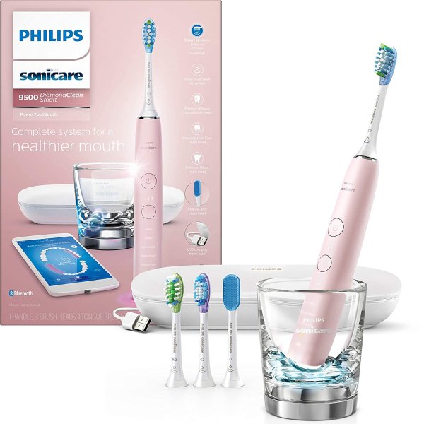DiamondClean Smart Electric, Rechargeable toothbrush for Complete Oral Care, with Charging Travel Case, 5 modes – 9500 Series, Pink, HX9924/21