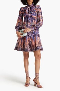 Pussy-bow ruched printed georgette mini dress