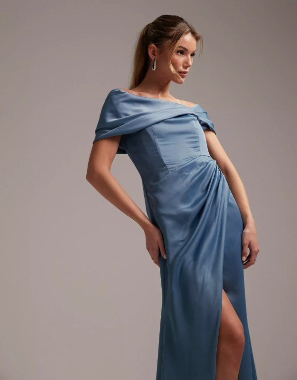 Bridesmaid satin off the shoulder drape wrap maxi dress in dusky blue