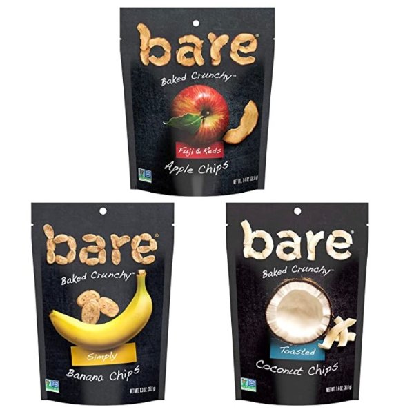Bare Natural Fruit Chips, Single Serve Apple 1.4 Oz,Banana 1.3 Oz,Coconut 1.4 Oz Variety Pack, Gluten Free + Baked,(6 Count)