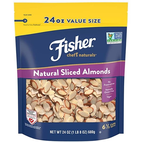 Fisher Sliced Almonds, 24 Ounces, Unsalted, No Preservatives, Naturally Gluten Free, Non-GMO, Keto, Paleo, Vegan Friendly