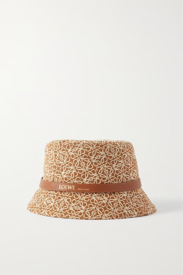 Leather-trimmed cotton-blend jacquard bucket hat