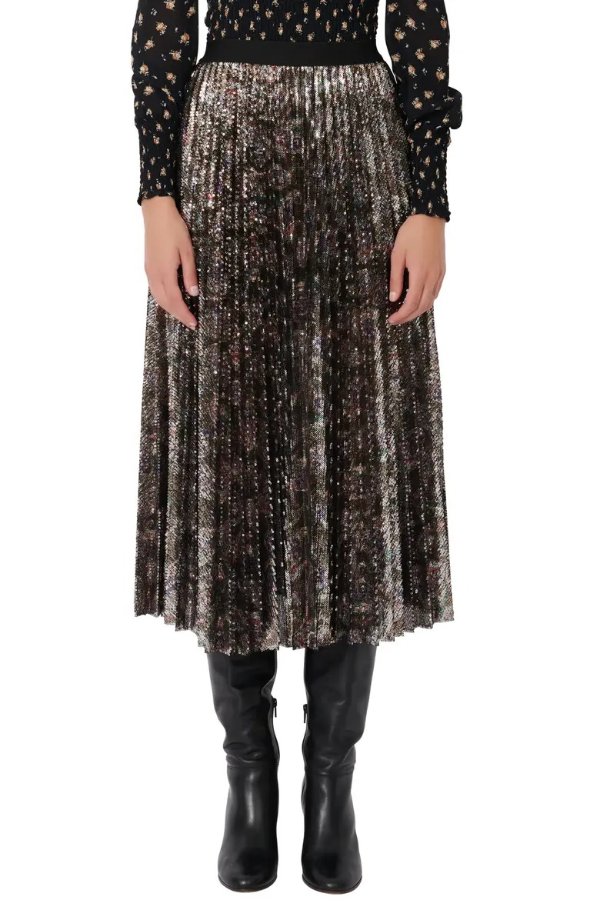 Paisley Sequin Pleated Midi Skirt