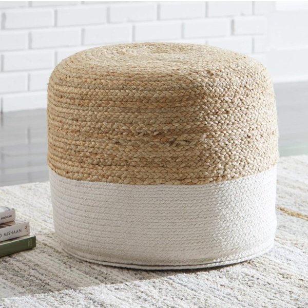 Signature Design by Ashley Sweed Valley Jute & Cotton Pouf, 19 x 19 Inches, Beige & White
