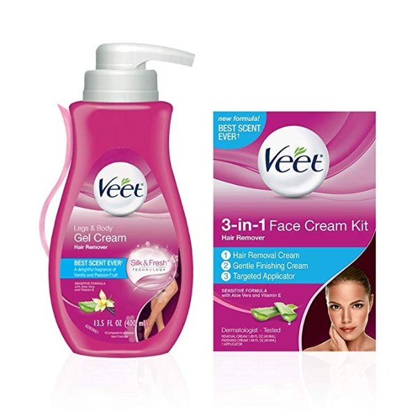 Leg & Body Gel Cream Hair Remover (13.5 oz.) & 3-in-1 Face Cream Hair Remover Kit (2 x 1.69 oz.) Sensitive Formulas With Aloe Vera & Vitamin E