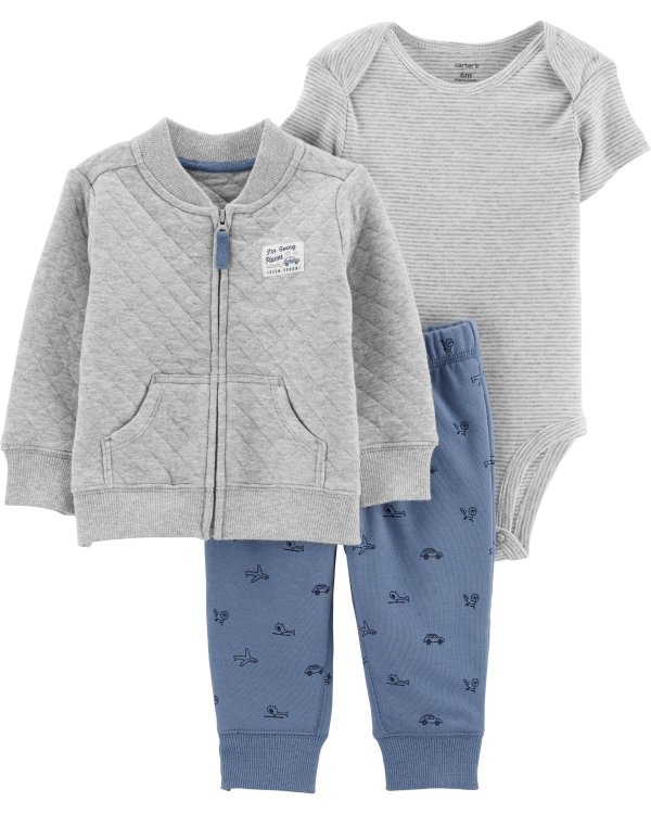 3-Piece Quilted Heather Cardigan Set
