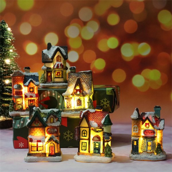 Christmas Decorations Resin Small House Small Ornaments Christmas Gifts（Without battery）