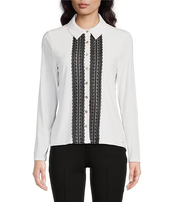 Matte Jersey Point Collar Long Sleeve Lace Trim Button Front Shirt | Dillard's
