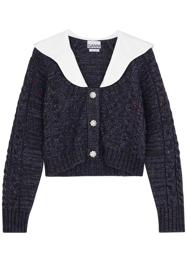 Navy cable-knit wool-blend cardigan